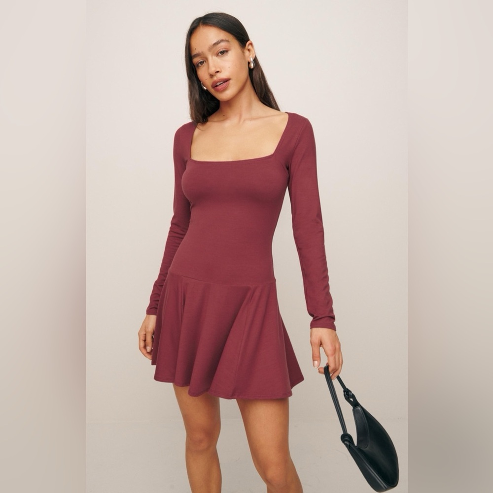 REFORMATION Coen Long Sleeve Drop Waist Minidress in Chianti, Medium, $148